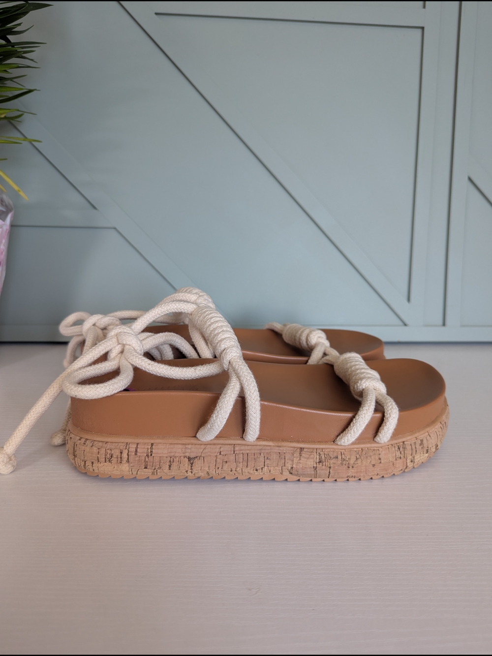 Schutz Nagie Cru lvory FlatWedge Cork Heel Tie UpRope Sandals. - Picture 5 of 13